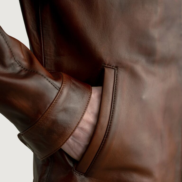 Mens Zen Distressed Brown Leather Biker Jacket Close-Up-9-1724073241789
